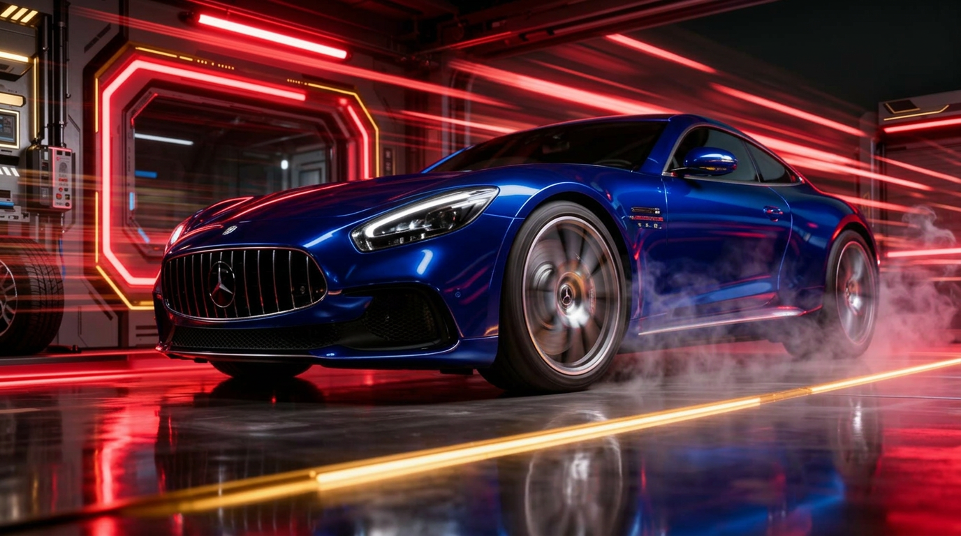 Premium black sports car receiving AI-powered tyre service at Manoj Wheels